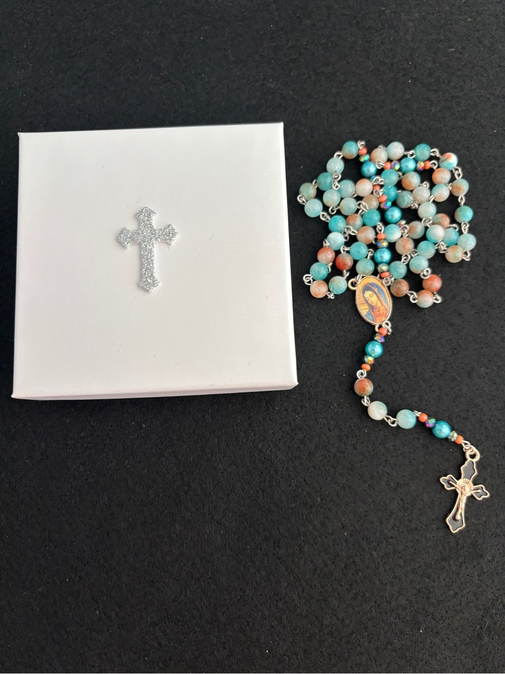 Handmade Teal And Coral Our Lady Of Guadalupe Faceted Catholic Rosary